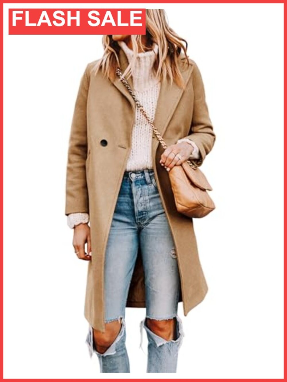 Wool Blend Pea Coat Long Sleeve Notch Collar Button Knee Length